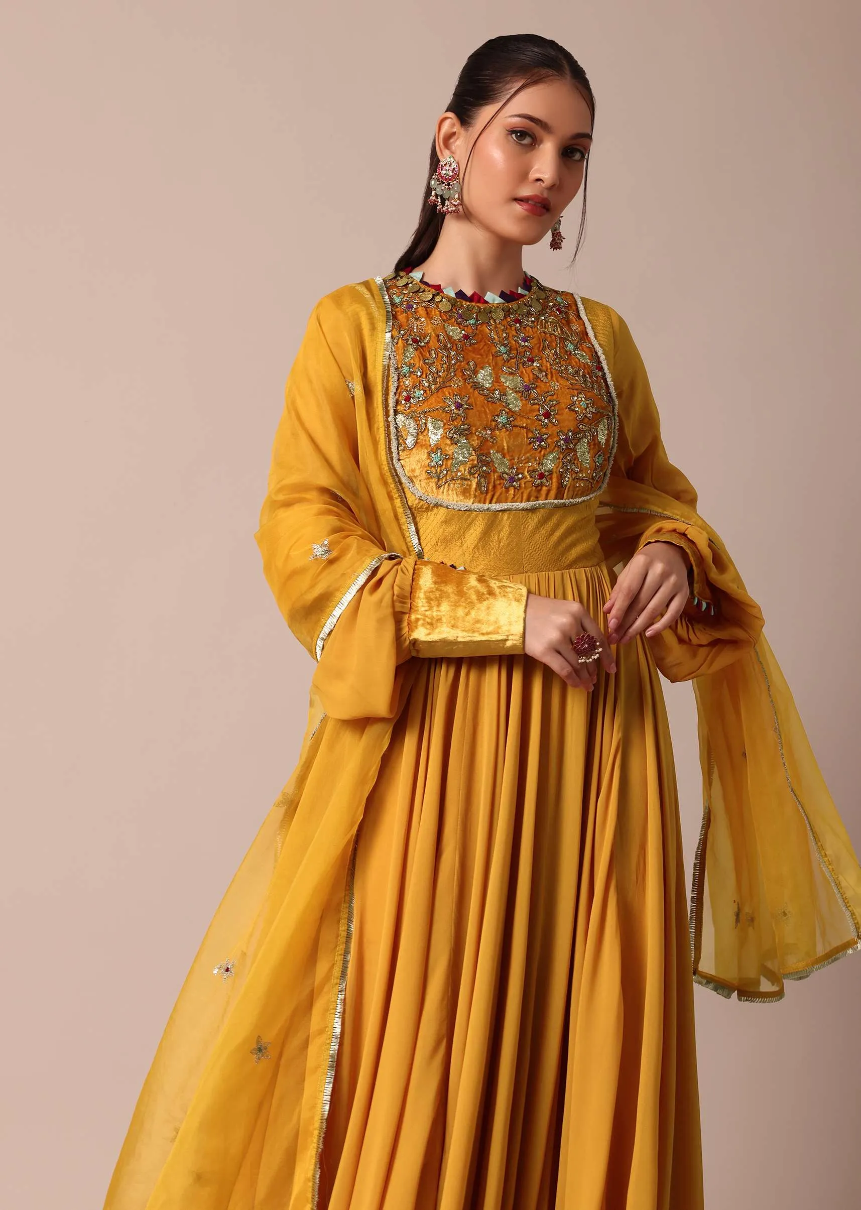 Mustard Yellow Embroidered Anarkali With Organza Dupatta