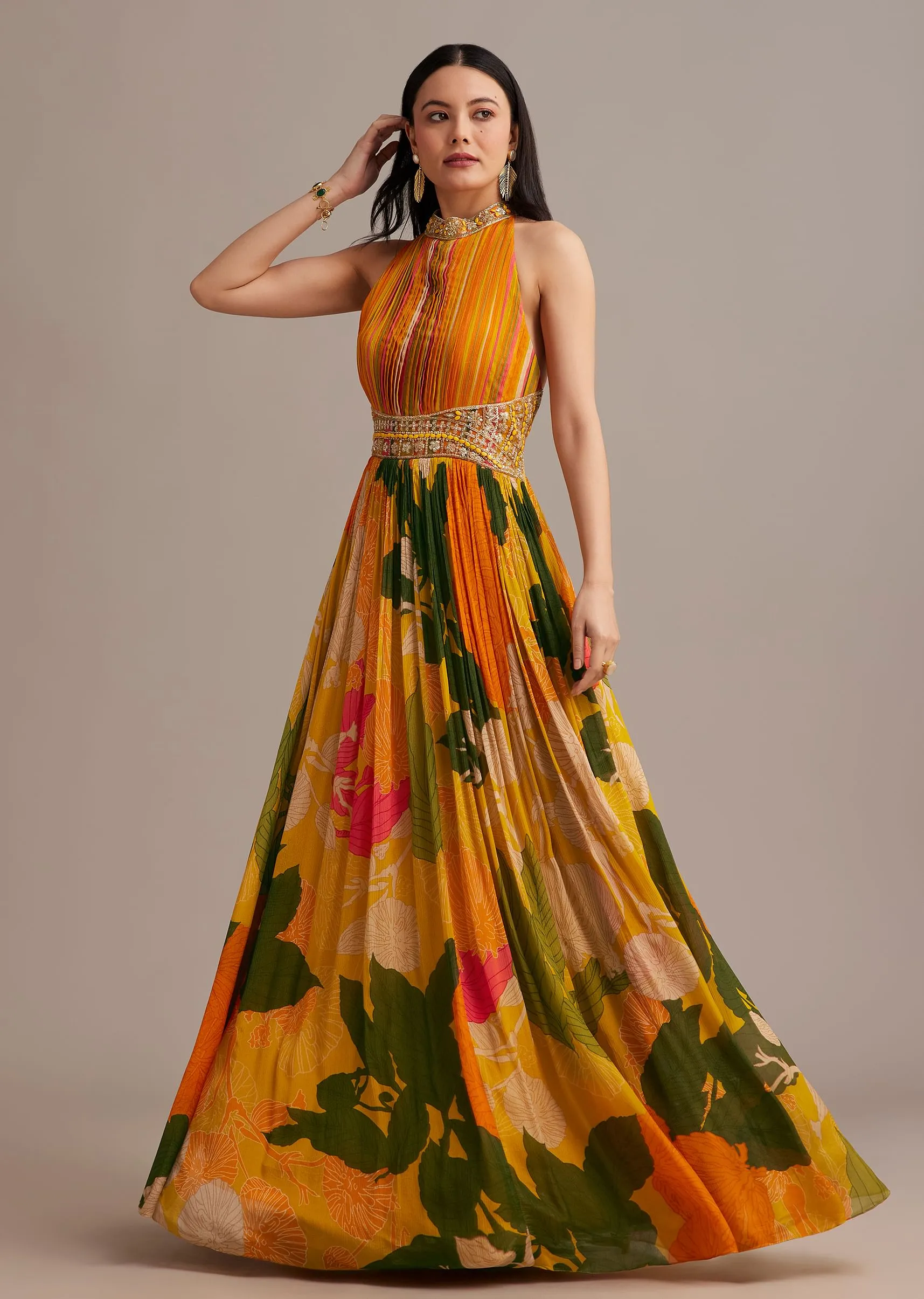 Orange Floral Print Pleated Gown With Cape