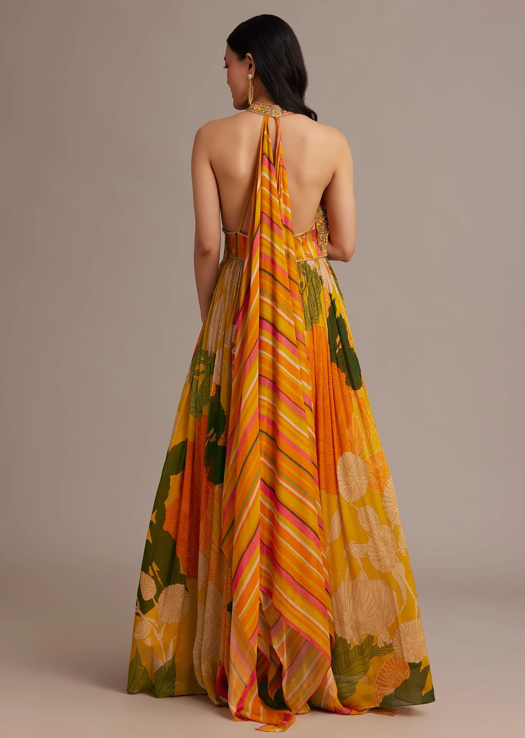 Orange Floral Print Pleated Gown With Cape