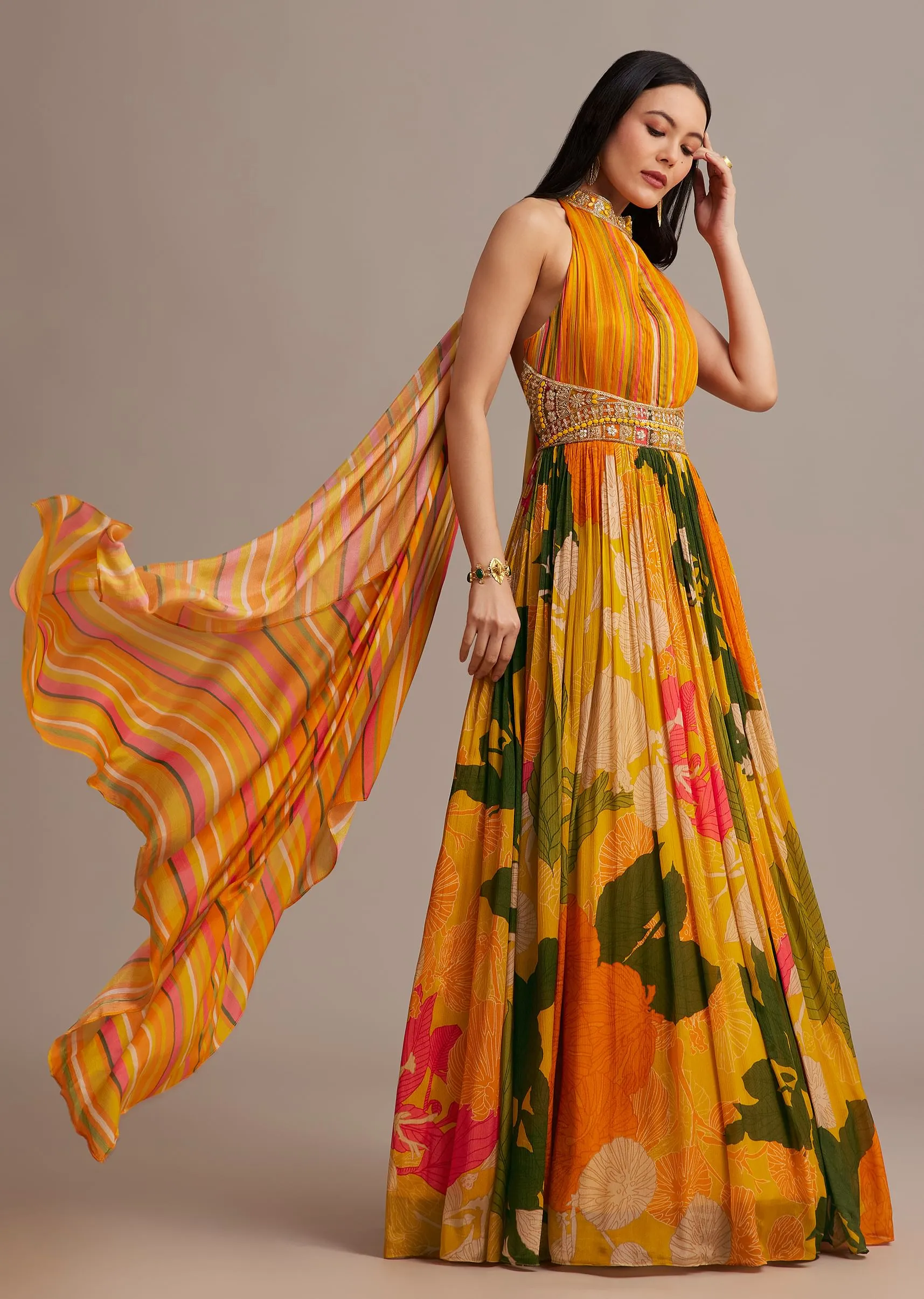 Orange Floral Print Pleated Gown With Cape